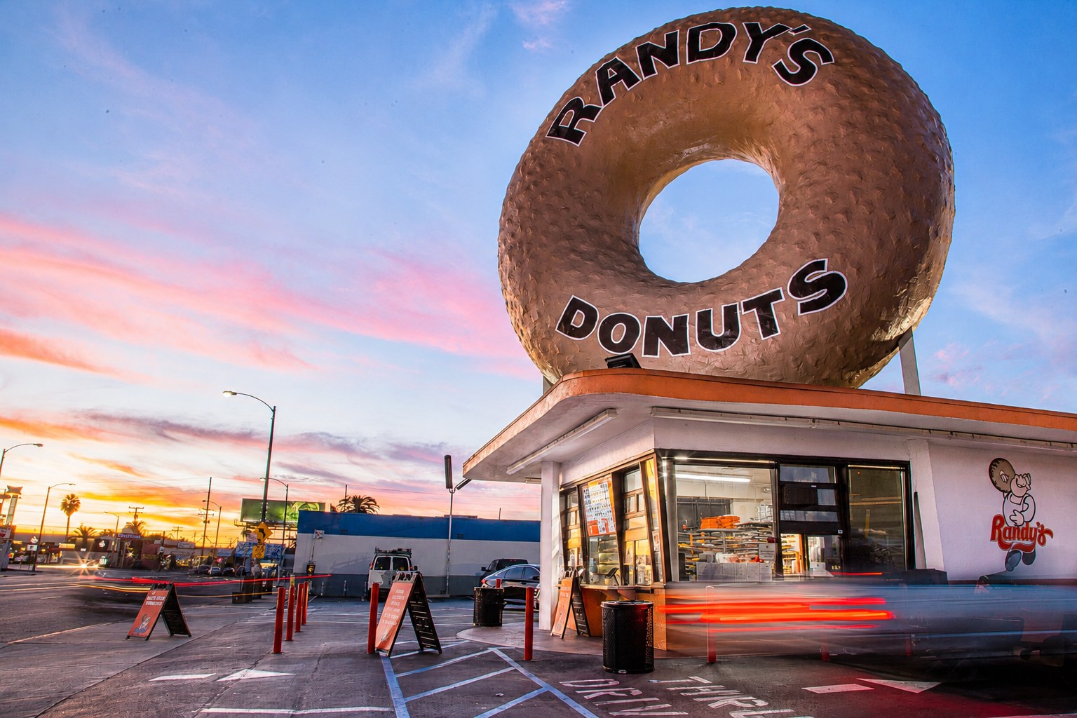 Donuts against Las Vegas neon at night
